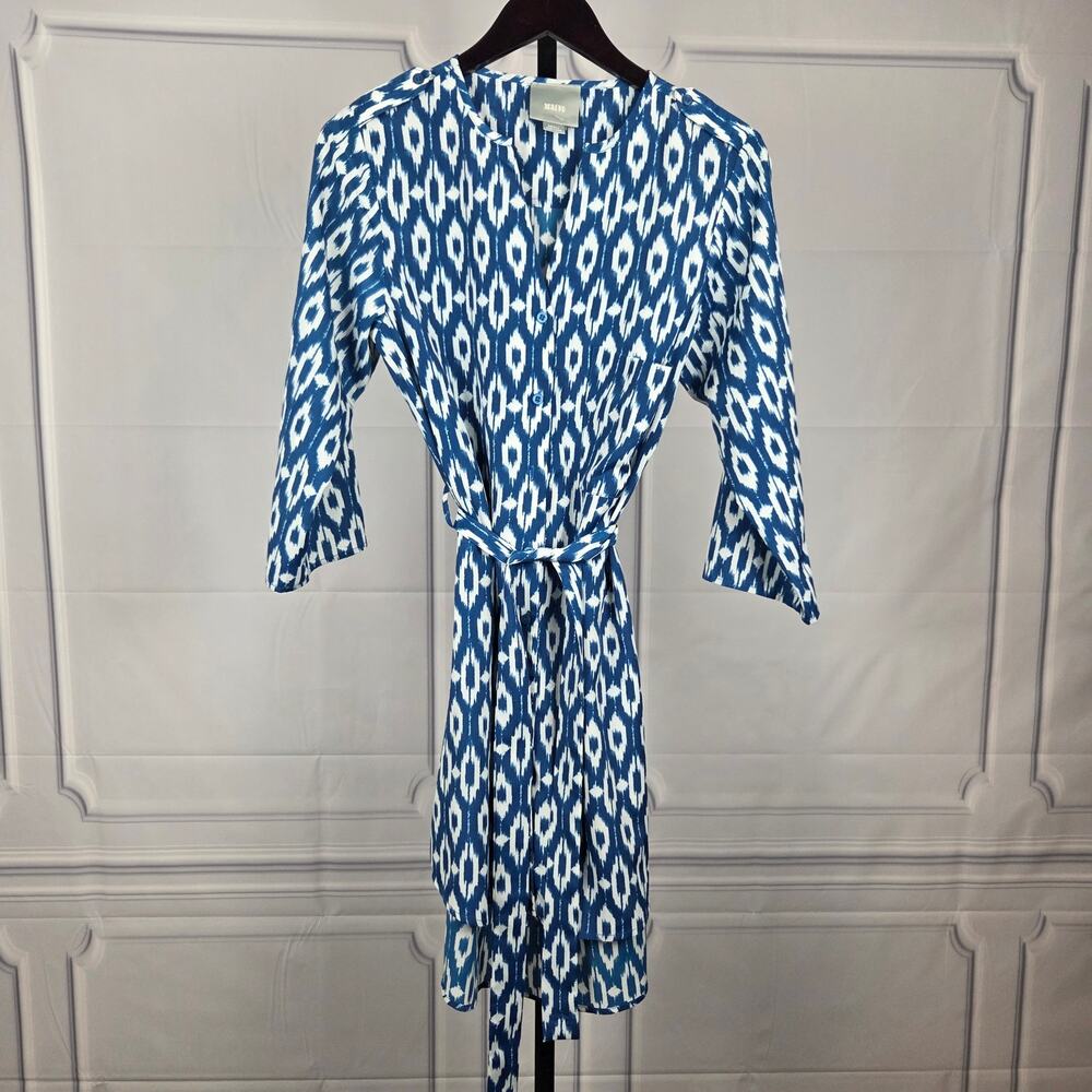 Maeve Anthropologie Blue White Ikat Print Belted Midi Shirt Dress Small
